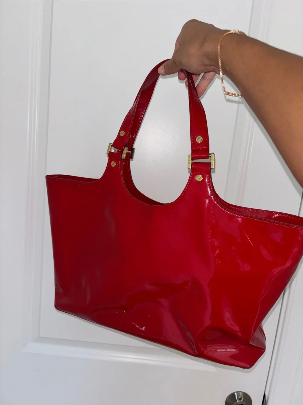 Tory Burch Red Patent Perforated Logo Tote